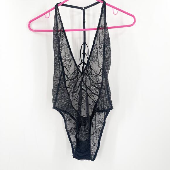 VICTORIA'S SECRET Bodysuit Size Small Lace Lingerie Black Plunge Sexy Strappy - Picture 1 of 12